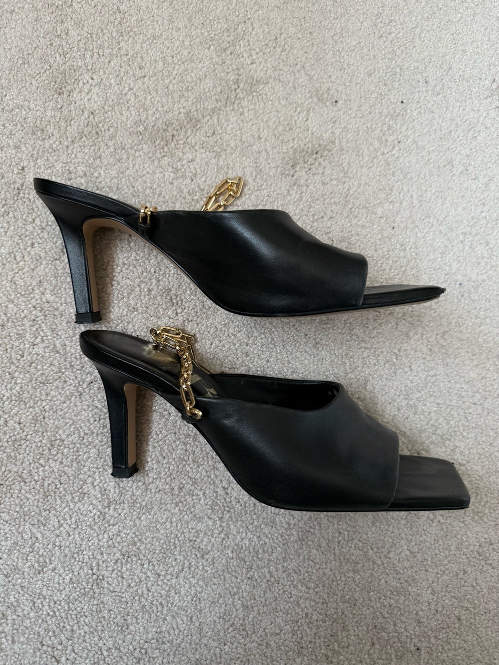 Zara Black Leather Open-Toe Heeled Mules with Gold Chain